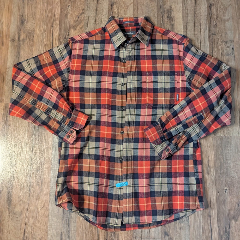 Eddie Bauer Blue and Orange Plaid Casual Button Down Shirts